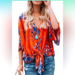Floral V Neck Tie Front Flowy Chiffon Blouse